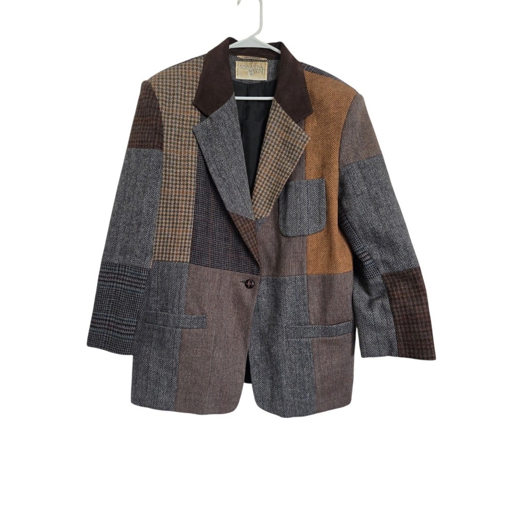Vintage International Scene Patchwork Blazer Womens L Wool Suede Brown Academia